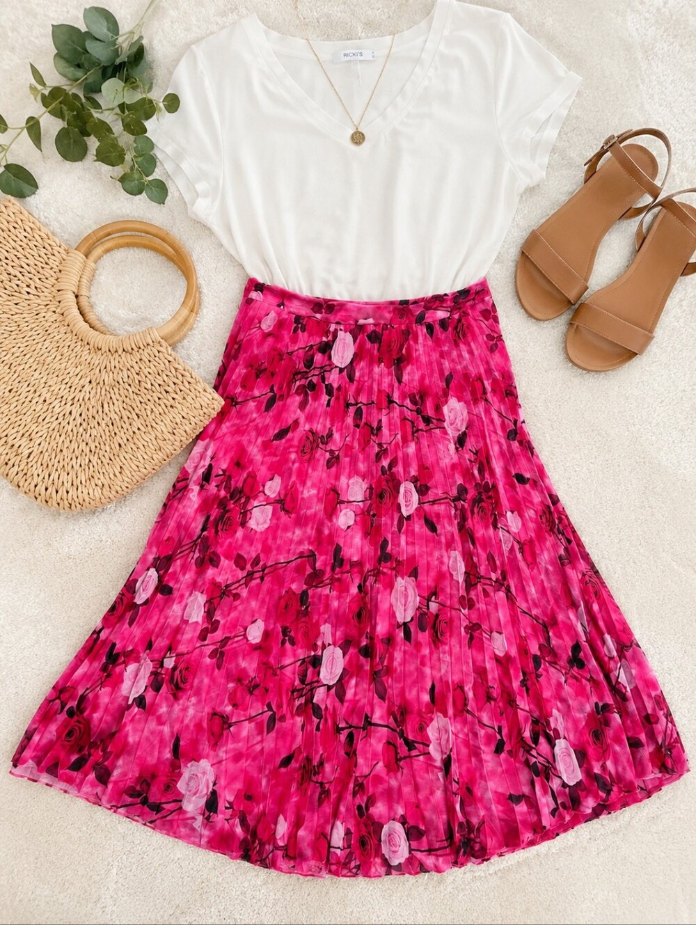 Ricki’s Bright Pink Rose Print Midi Skirt Flowy Chiffon Size 18